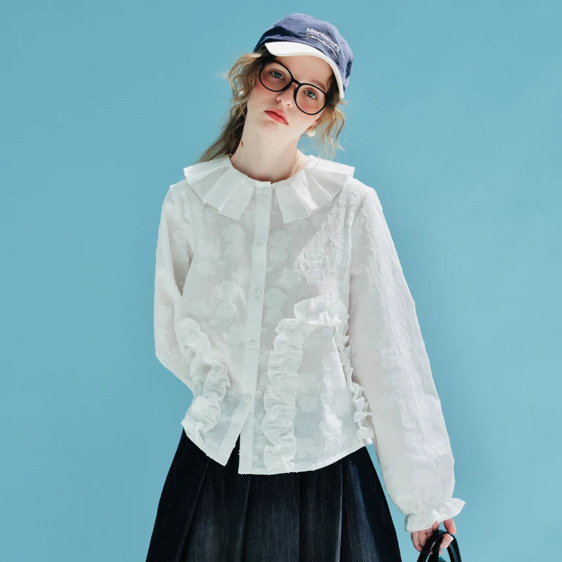 White Ruffle-Trimmed Long-Sleeve Shirt