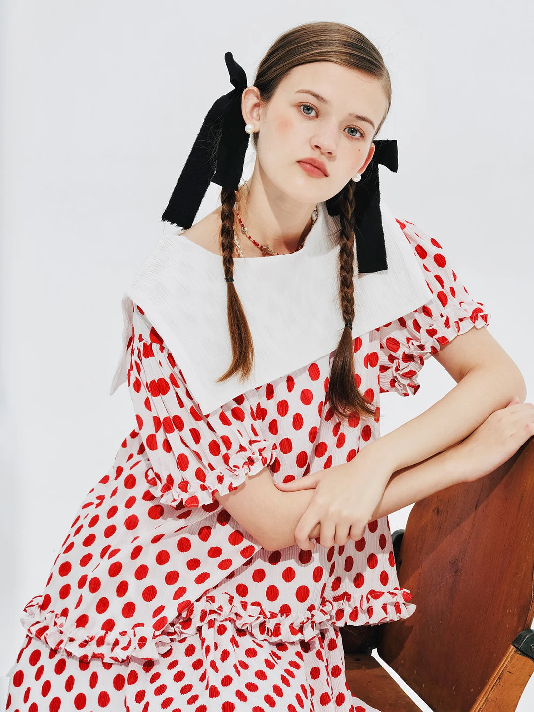 Red Polka Dot Ruffled Smock Blouse