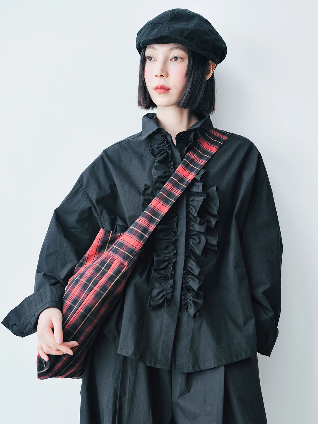 Black Ruffle-Front Loose-Fit Shirt