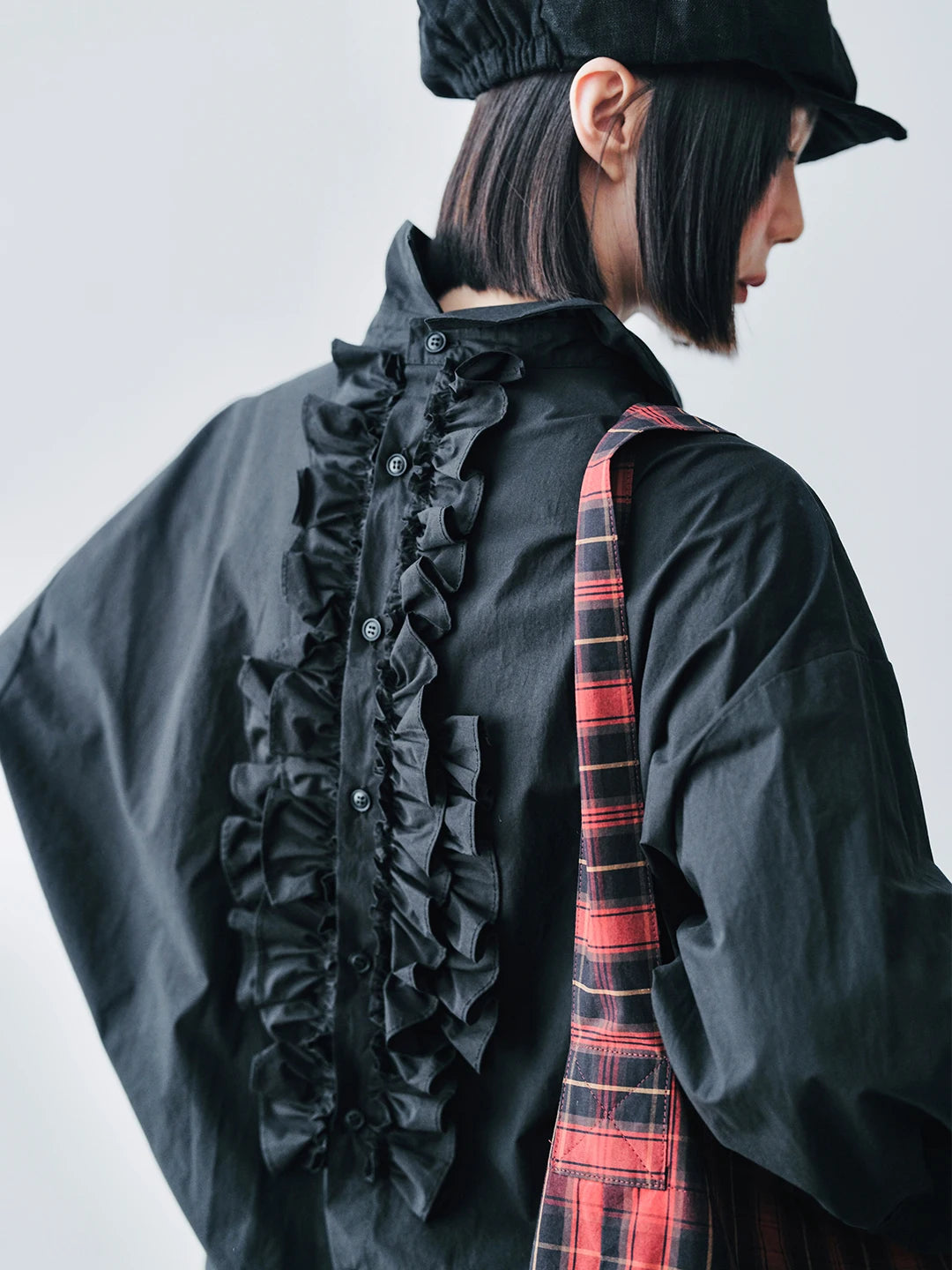 Black Ruffle-Front Loose-Fit Shirt