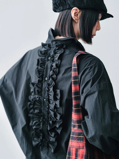 Black Ruffle-Front Loose-Fit Shirt