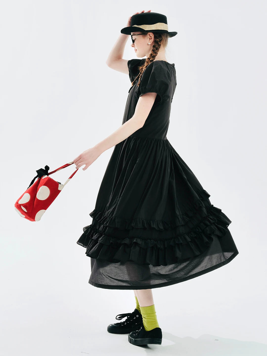 Amélie Ruffled Midi Dress - Black Romantic Elegance