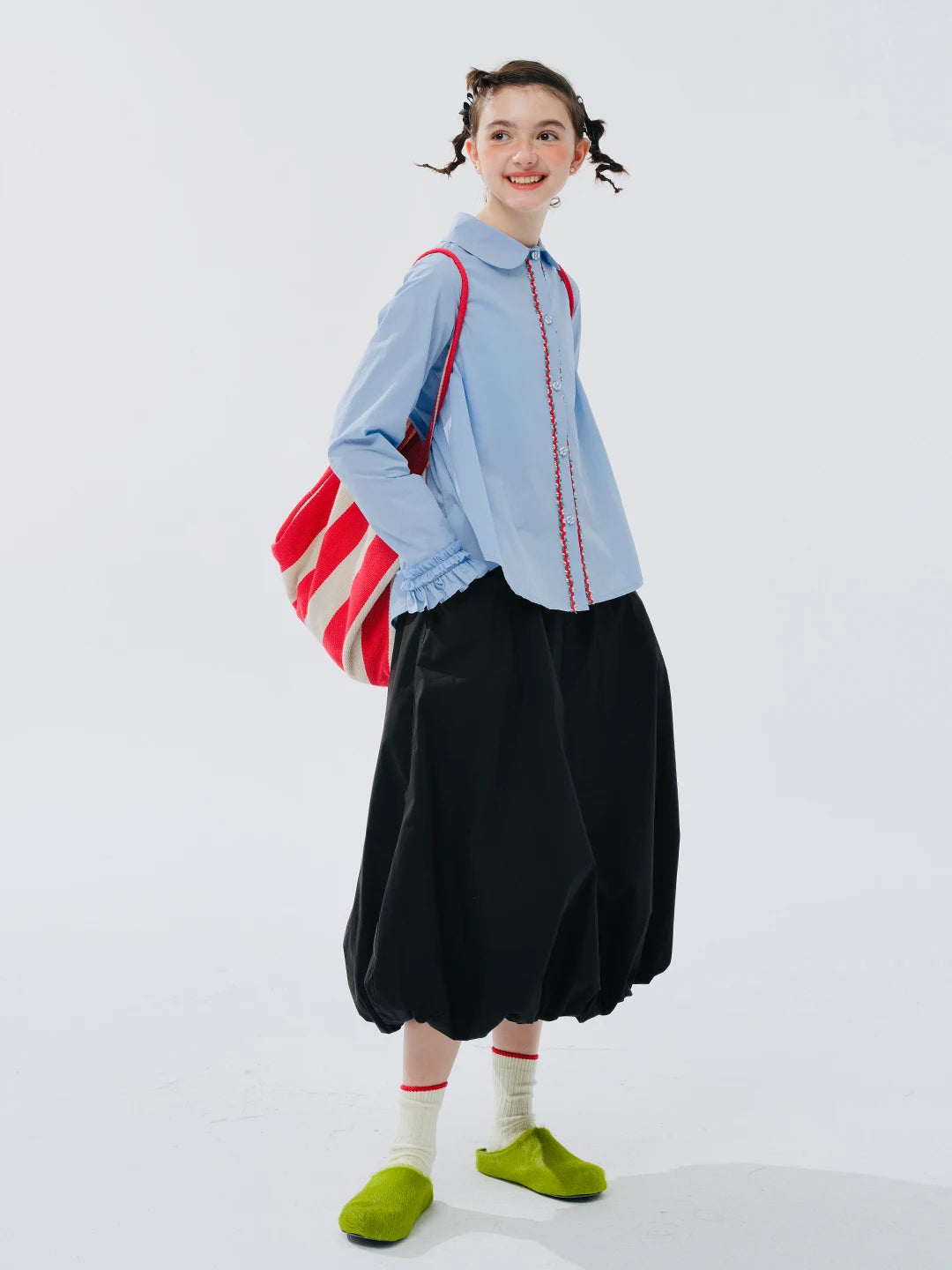 Blue Ruffled Collar Button-Down Shirt