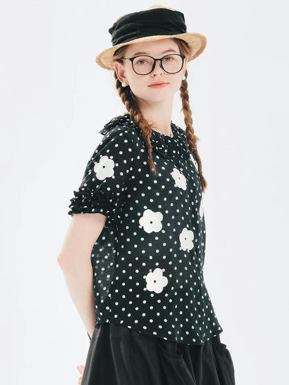 Polka Dot Floral Ruffle Sleeve Blouse