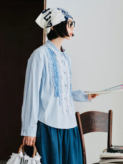 Blue Striped Lace Patchwork Long-Sleeve Shirt