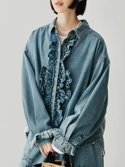 Denim Ruffle-Front Long-Sleeved Shirt