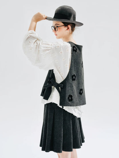 Black Flower Woolen Sleeveless Vest
