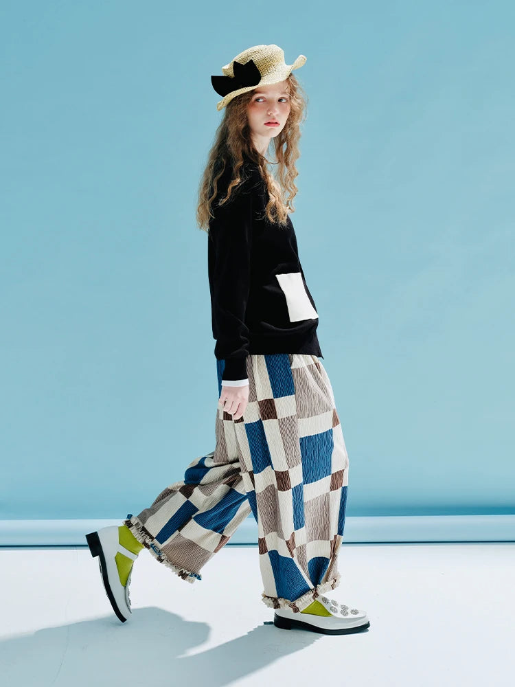 Colorblock Checkered Crinkle Pants