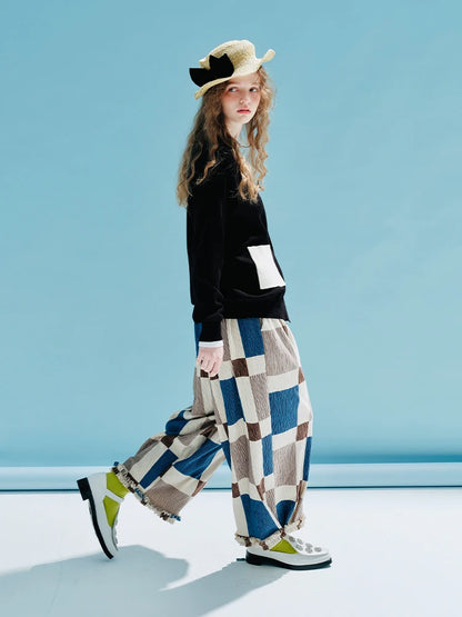 Colorblock Checkered Crinkle Pants