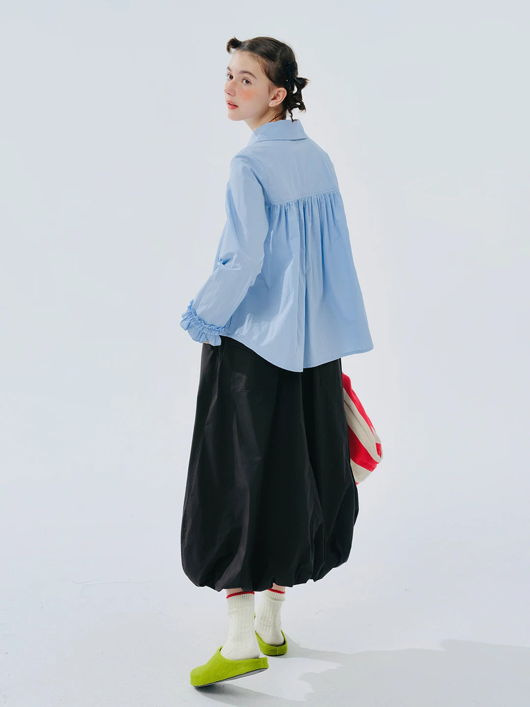 Blue Ruffled Collar Button-Down Shirt