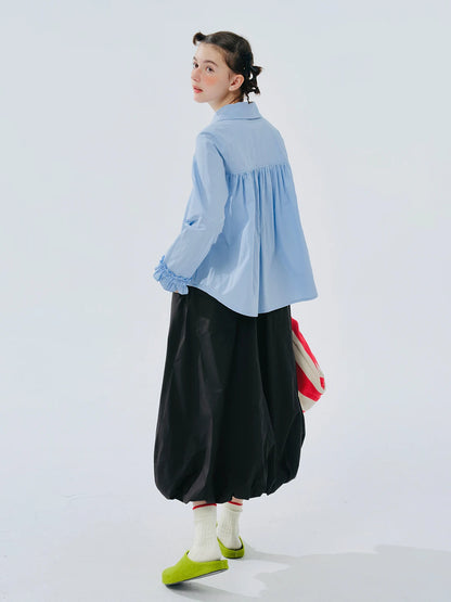 Blue Ruffled Collar Button-Down Shirt