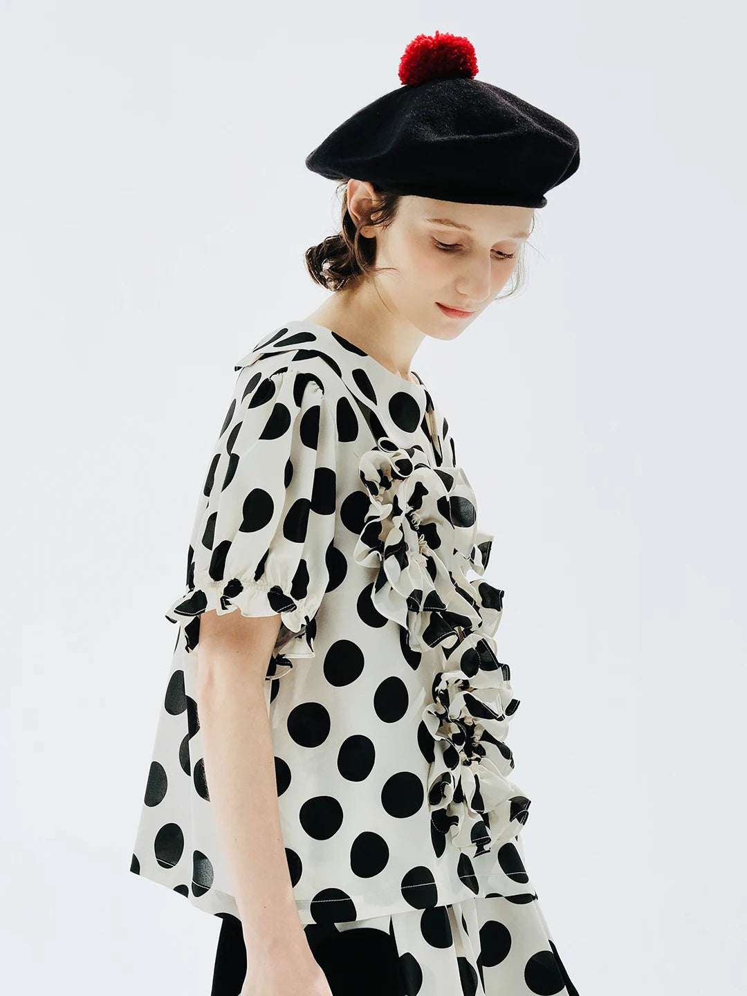 Polka Dot Ruffle Accent Blouse