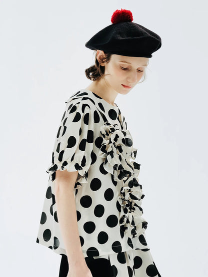Polka Dot Ruffle Accent Blouse