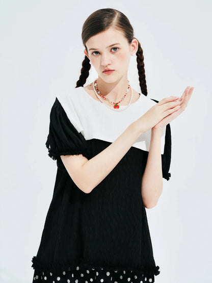 Monochrome Ruffle Trim Contrast Blouse