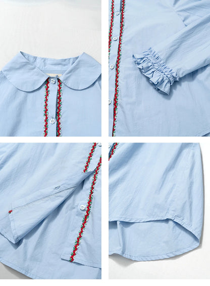 Blue Ruffled Collar Button-Down Shirt