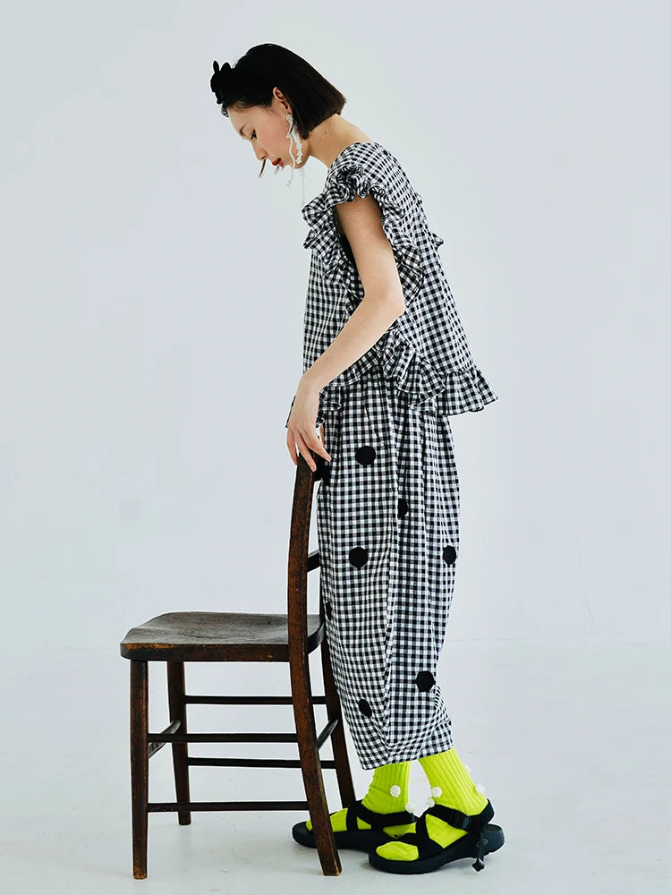 Gingham Ruffle Wide-Leg Trousers