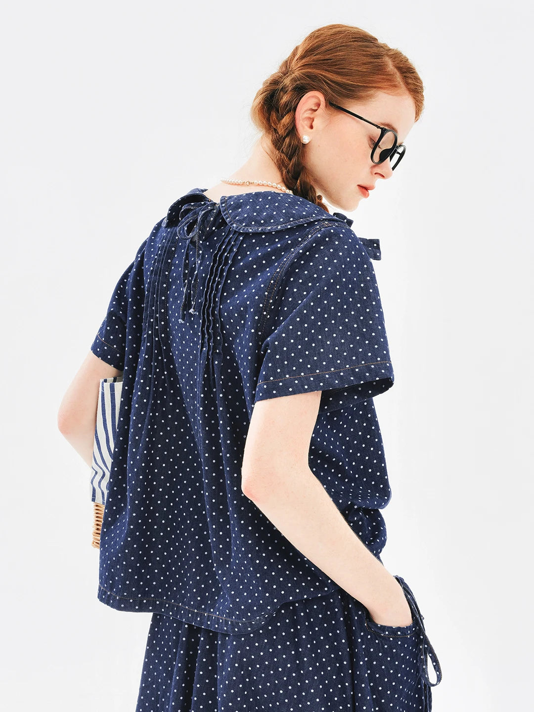 Polka Dot Tie-Back Sailor Collar Blouse