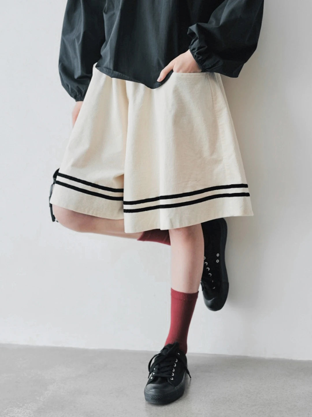 Sailor Striped Hem Wide-Leg White Shorts