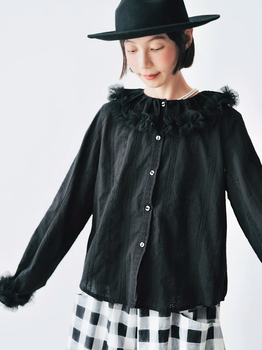 Black Embroidered Lace Ruffle Blouse