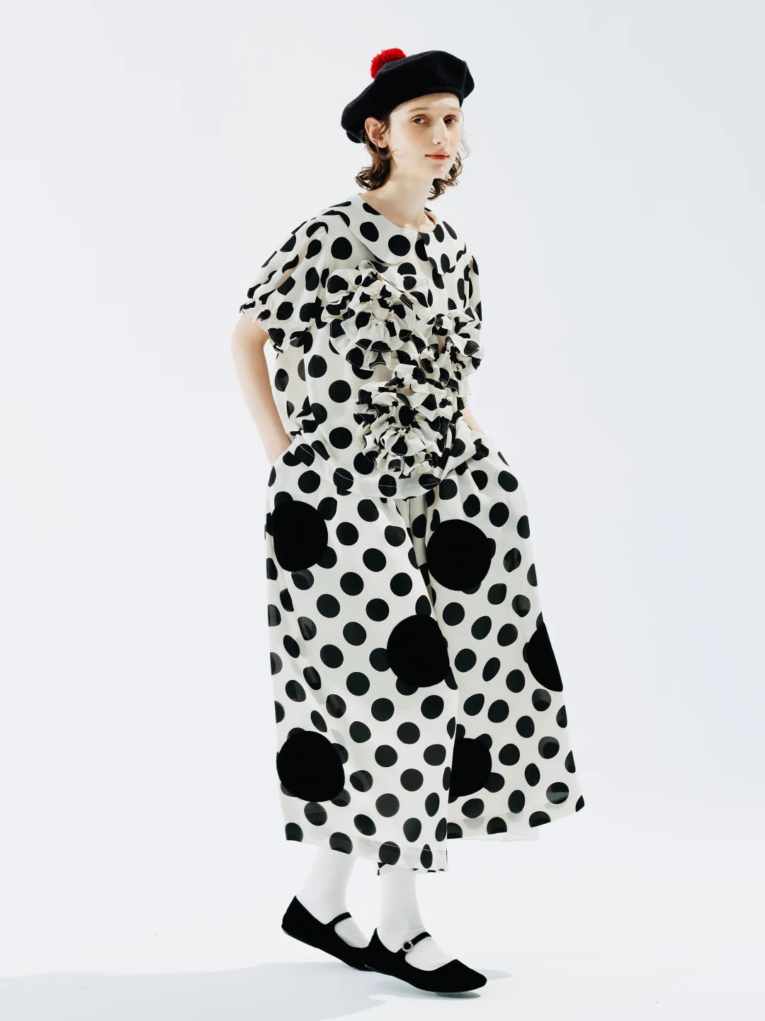 Polka Dot Ruffle Accent Blouse