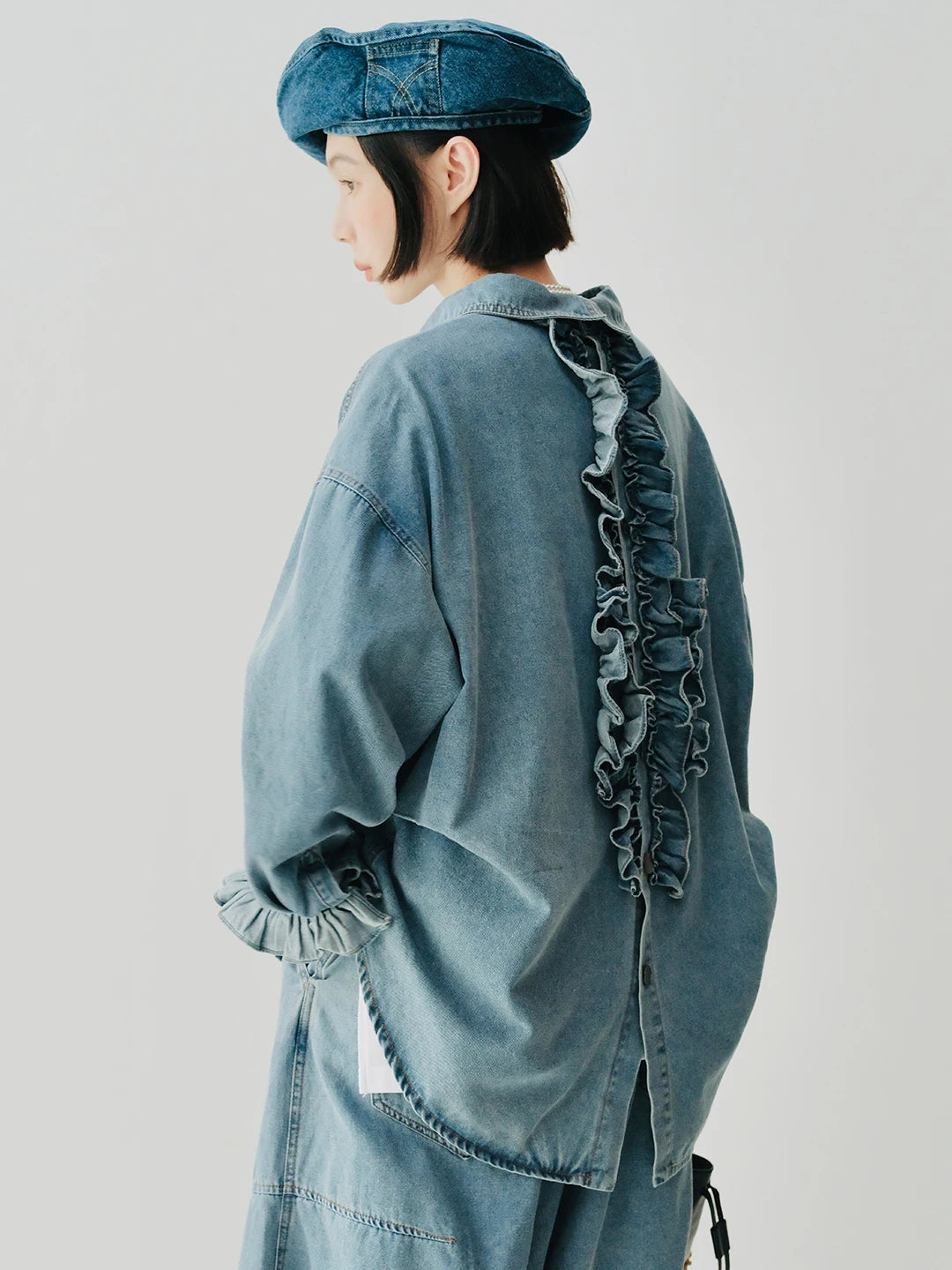 Denim Ruffle-Front Long-Sleeved Shirt