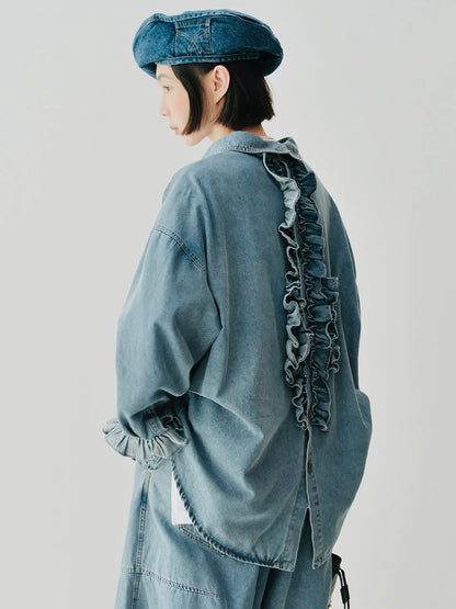 Denim Ruffle-Front Long-Sleeved Shirt