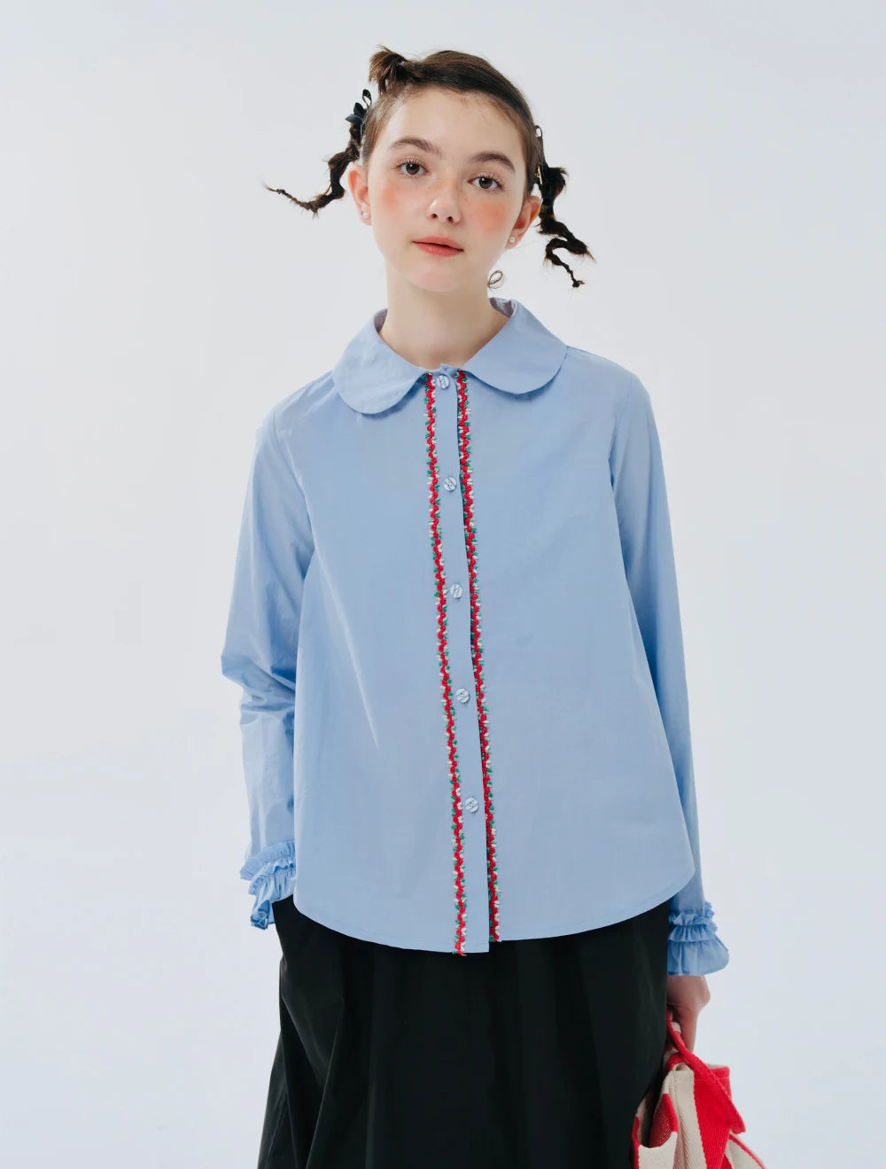 Blue Ruffled Collar Button-Down Shirt