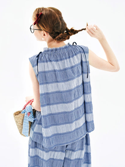 Blue Striped Sleeveless Bow-Tie Top