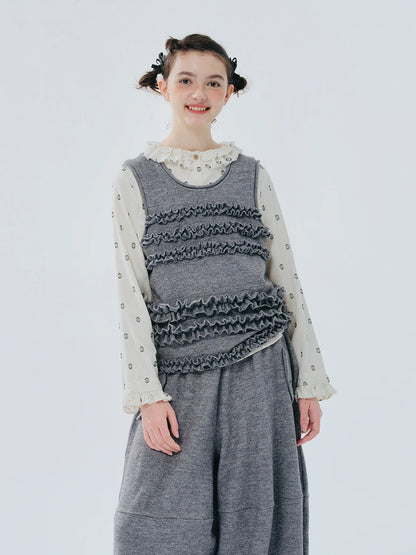 Lace-Stitched Sleeveless Grey Vest