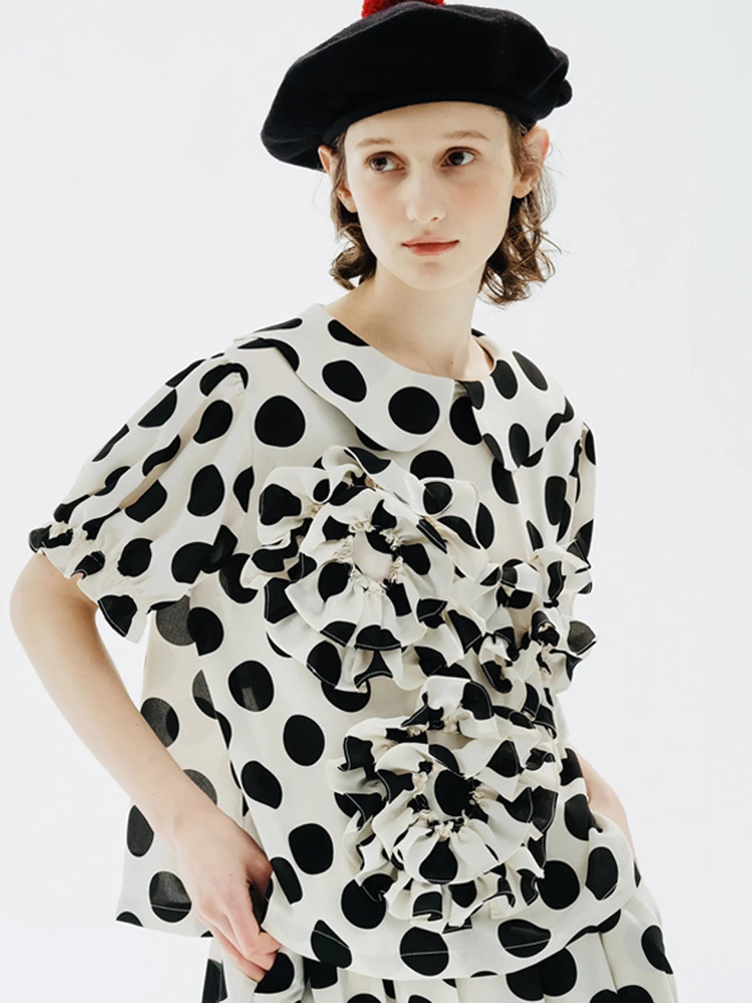 Polka Dot Ruffle Accent Blouse