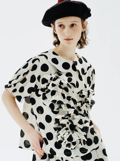 Polka Dot Ruffle Accent Blouse