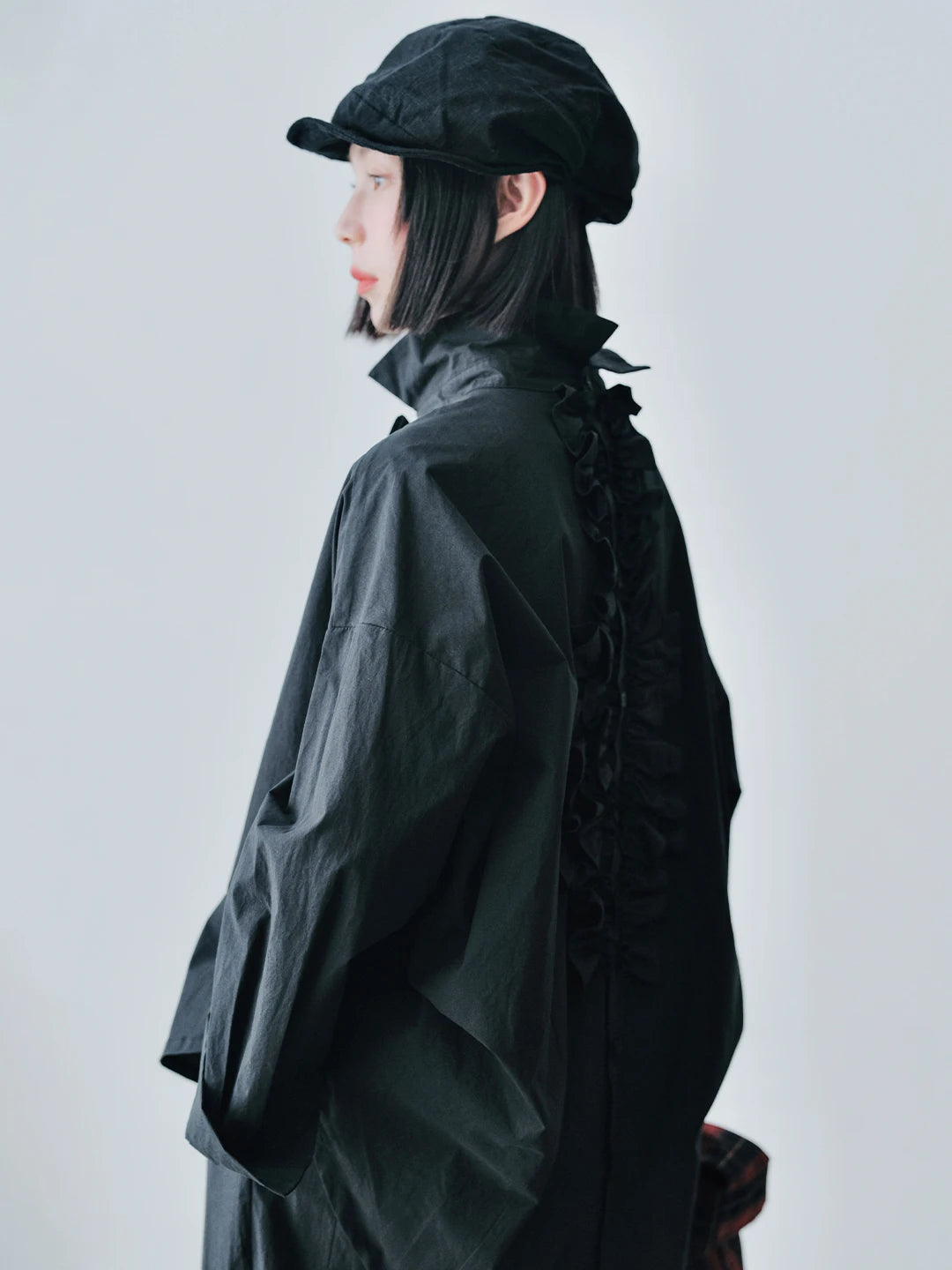 Black Ruffle-Front Loose-Fit Shirt