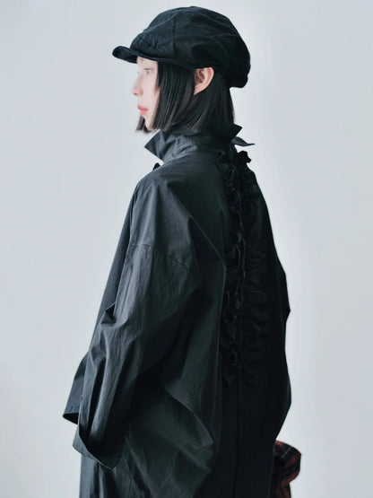 Black Ruffle-Front Loose-Fit Shirt
