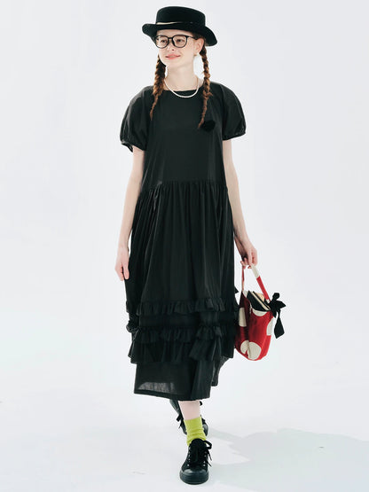 Amélie Ruffled Midi Dress - Black Romantic Elegance