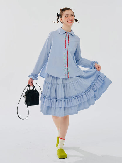 Blue Ruffled Collar Button-Down Shirt