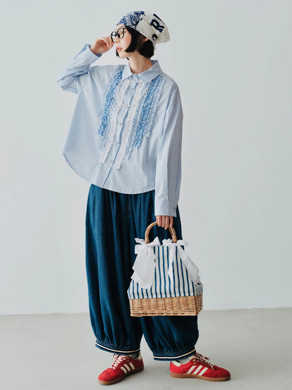 Blue Striped Lace Patchwork Long-Sleeve Shirt