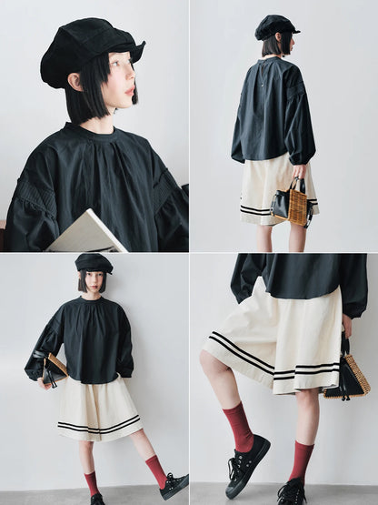 Sailor Striped Hem Wide-Leg White Shorts