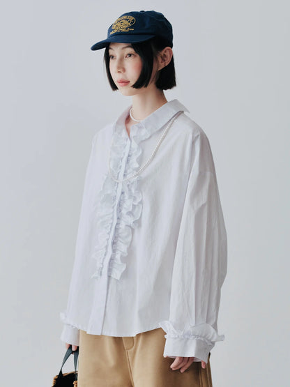 White Lace Patchwork Long-Sleeve Shirt