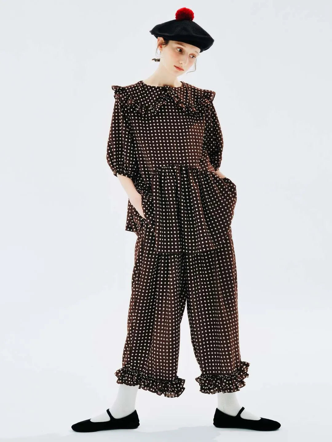 Brown Polka Dot Ruffle Pants