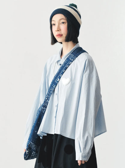 Heart Patch Sky-Blue Button-Up Blouse