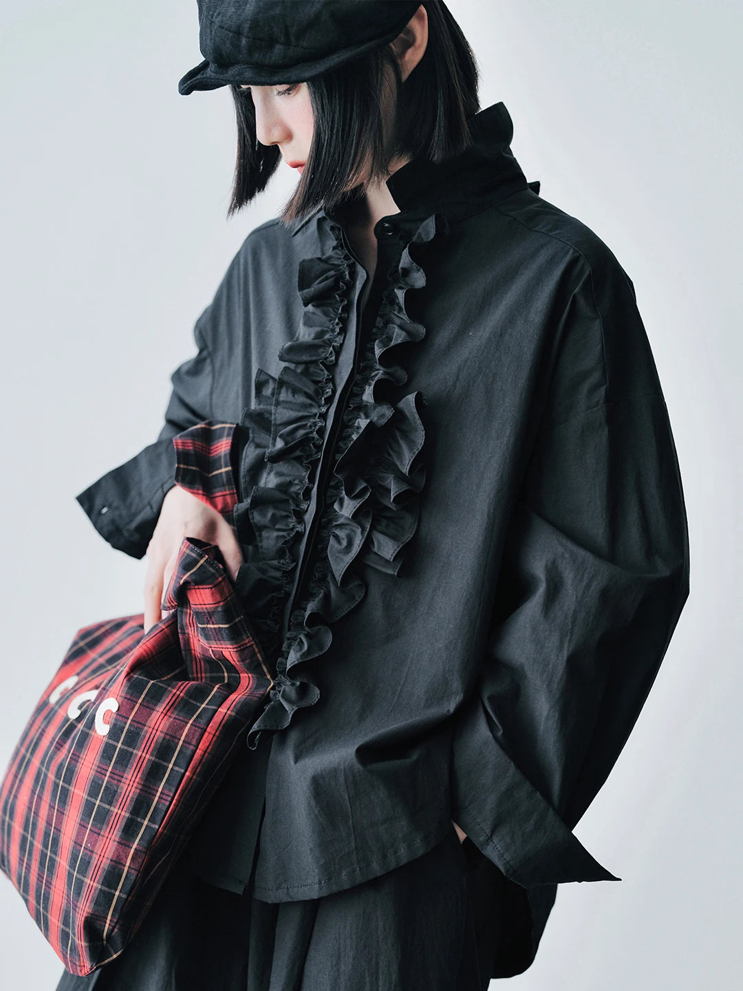 Black Ruffle-Front Loose-Fit Shirt