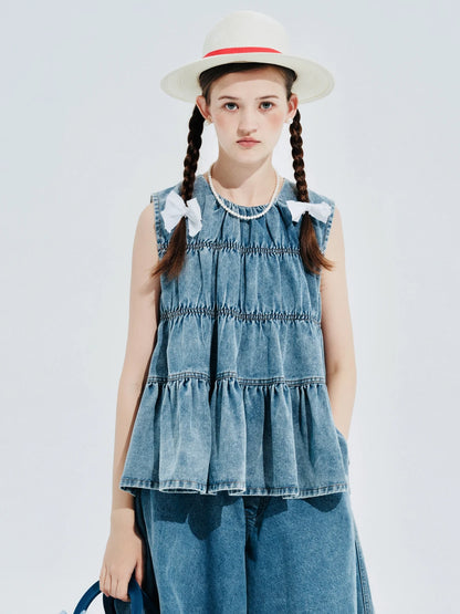 Smocked Denim Sleeveless Top