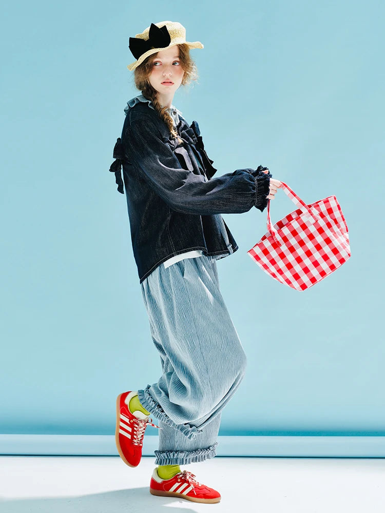 Light Blue Ruffled Wide-Leg Pants