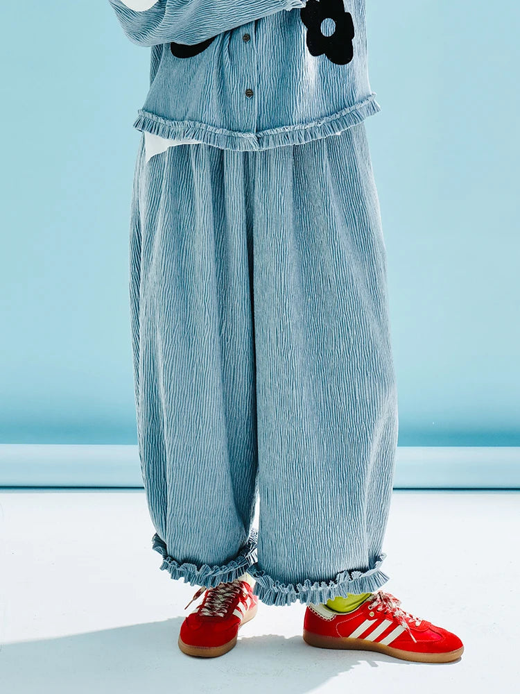 Light Blue Ruffled Wide-Leg Pants