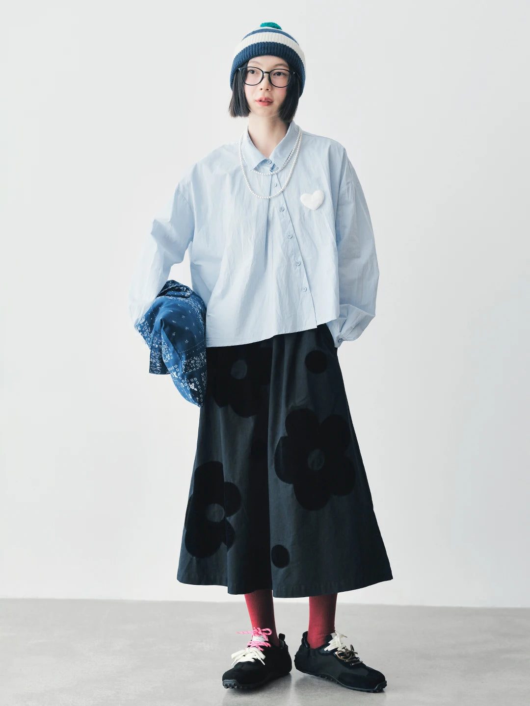 Heart Patch Sky-Blue Button-Up Blouse