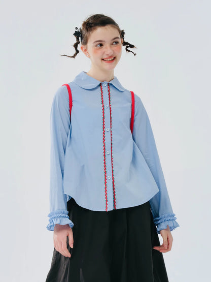 Blue Ruffled Collar Button-Down Shirt