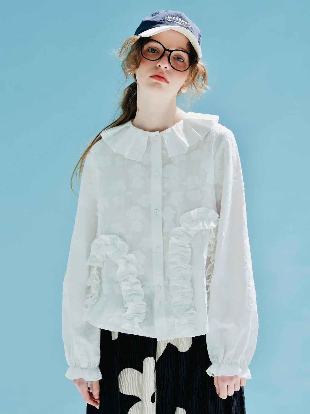 White Ruffle-Trimmed Long-Sleeve Shirt