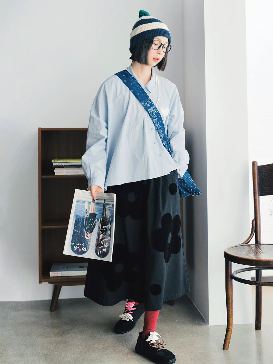 Heart Patch Sky-Blue Button-Up Blouse