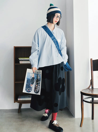 Heart Patch Sky-Blue Button-Up Blouse