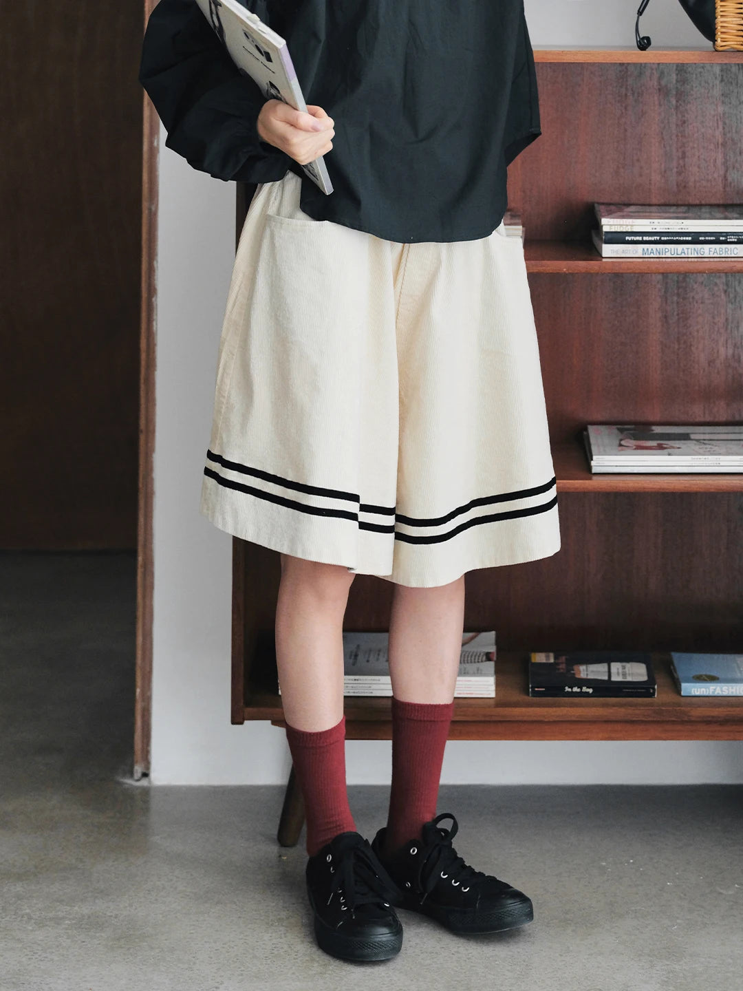 Sailor Striped Hem Wide-Leg White Shorts